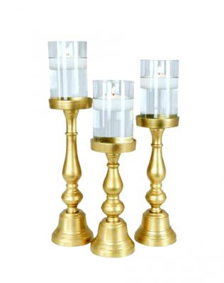 GOLD CANDLESTICKS
Item Code: A 1679-A,B,C
Finish: Gold 
Material: Aluminium & Glass
Keywords: GOLD CANDLESTICKS