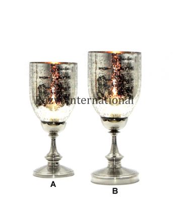 SILVER GLASS CANDLE HOLDERS 
Item Code: A 634-2 (A,B)
Finish: Nickel & Antique Silver Glass
Material: Aluminium & Glass
Keywords: SILVER GLASS CANDLE HOLDERS