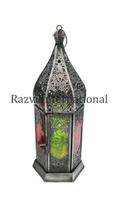 CANDLE LANTERN
Item Code: A 1188
Finish: Zinc Antique & Multi Color Glass 
Material: Iron & Glass
Keywords: CANDLE LANTERN