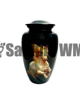 HORSE URN
Item Code: CP 1687
Finish: Black Enamel 
Material: Aluminium
Keywords: HORSE URN