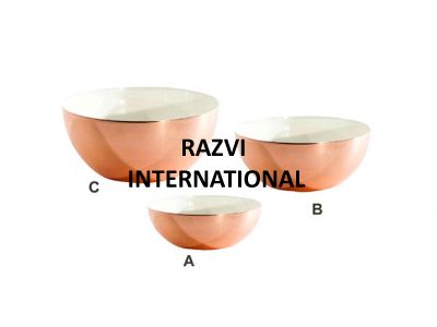 COPPER BOWLS
Item Code: SR 1276-1/A,B,C
Finish: Copper & White Enamel
Material: Aluminium
Keywords: COPPER BOWLS
